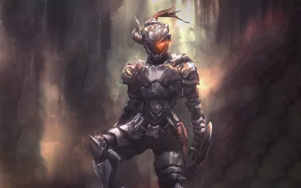 HD wallpaper of an armored Anime character with glowing eyes and a helmet. The character is known as Goblin Slayer, holding a shield in a forest-like background.