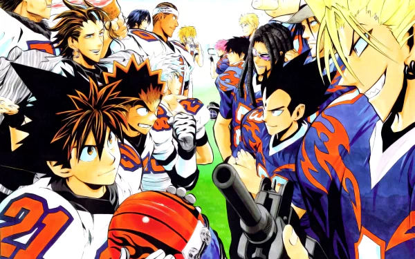 HD Anime desktop wallpaper featuring characters from Eyeshield 21, showcasing intense football players facing off on the field in vibrant team uniforms.