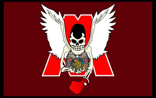 4K Ultra HD PC wallpaper of Mamoru Takamura (Hajime no Ippo): winged skull skeleton clutching a colorful dragon chest crest and a red boxing glove over a bold red M.