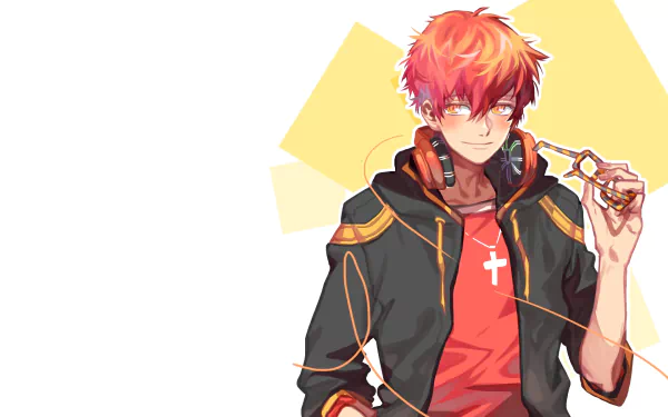 HD PC desktop wallpaper featuring 707 from Mystic Messenger anime, showcasing his red hair, glasses, and casual outfit with headphones and a cross necklace.