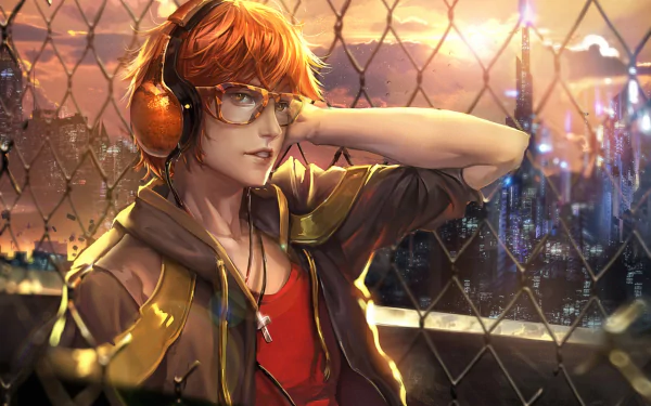 HD PC desktop wallpaper of 707 (Mystic Messenger): anime-style red-haired hacker with headphones and glasses leaning on a fence at sunset, city skyline glowing behind him.