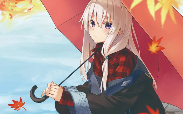 HD anime wallpaper featuring Elaina from Wandering Witch: The Journey of Elaina, holding a red umbrella with autumn leaves falling against a clear sky background.