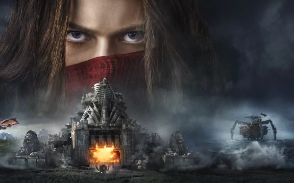 4K Ultra HD desktop wallpaper featuring Hera Hilmar from the movie Mortal Engines, with her intense gaze over a dystopian mechanical cityscape.