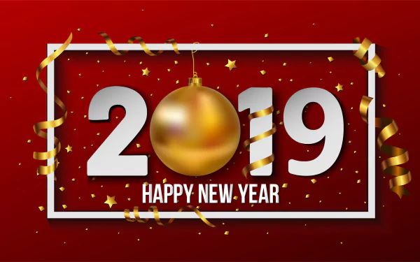 Festive 4K Ultra HD desktop wallpaper featuring gold and white 2019 with a golden bauble and confetti on a red background, celebrating the New Year holiday.
