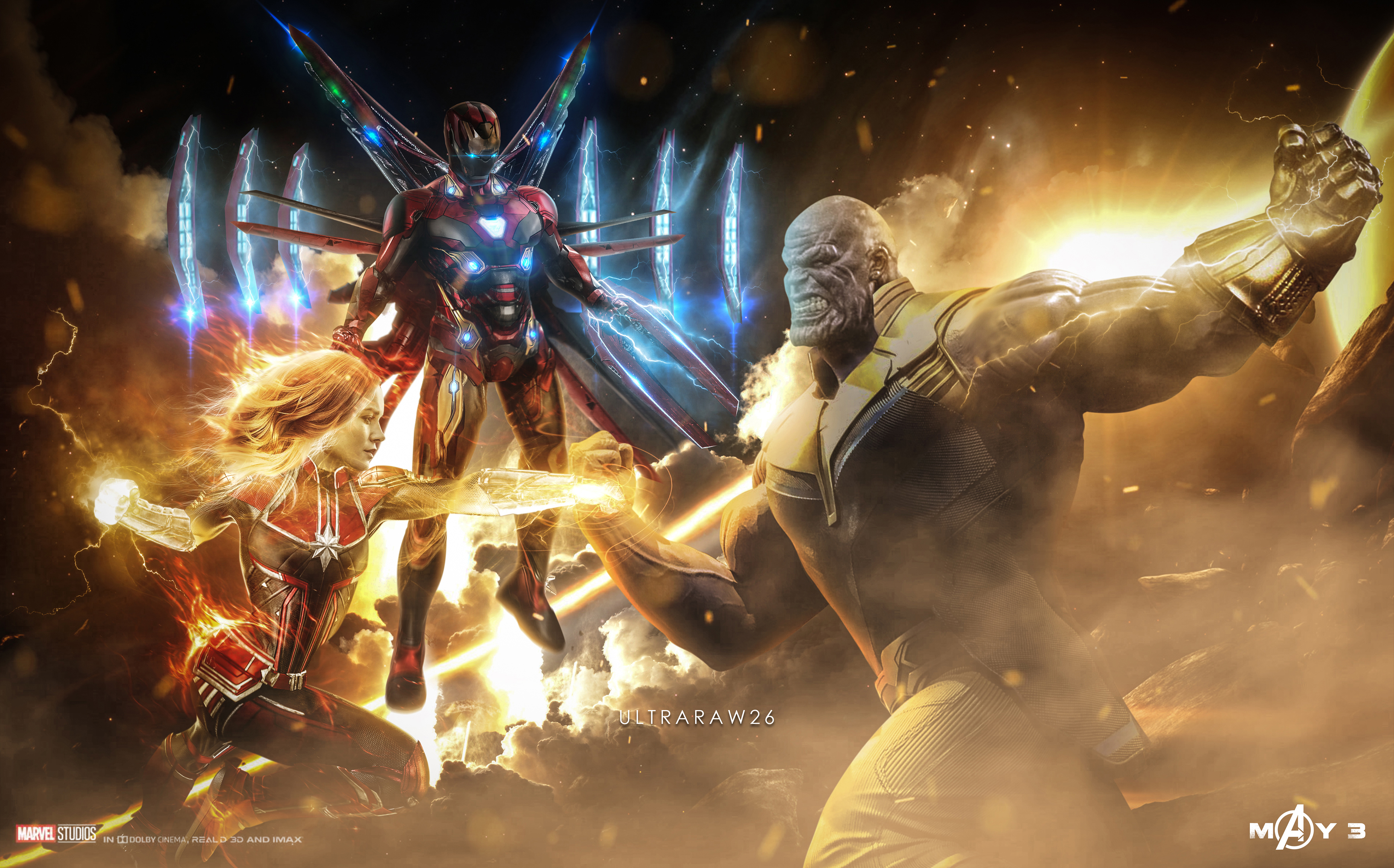 HD wallpaper of Captain Marvel and Iron Man in heroic combat against Thanos from Avengers: Endgame.