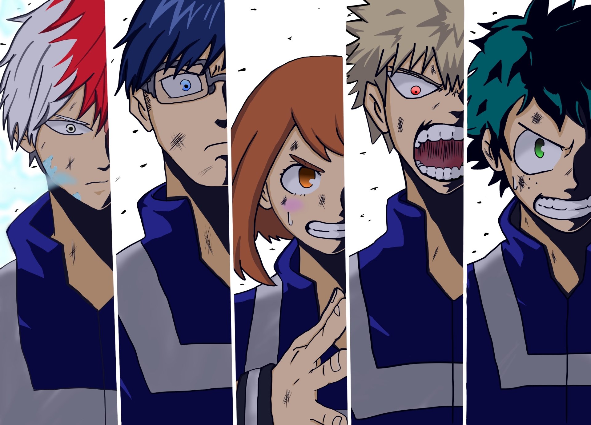 HD My Hero Academia PC wallpaper featuring anime characters Izuku Midoriya, Katsuki Bakugou, Ochaco Uraraka, Tenya Iida, and Shoto Todoroki in dynamic poses.