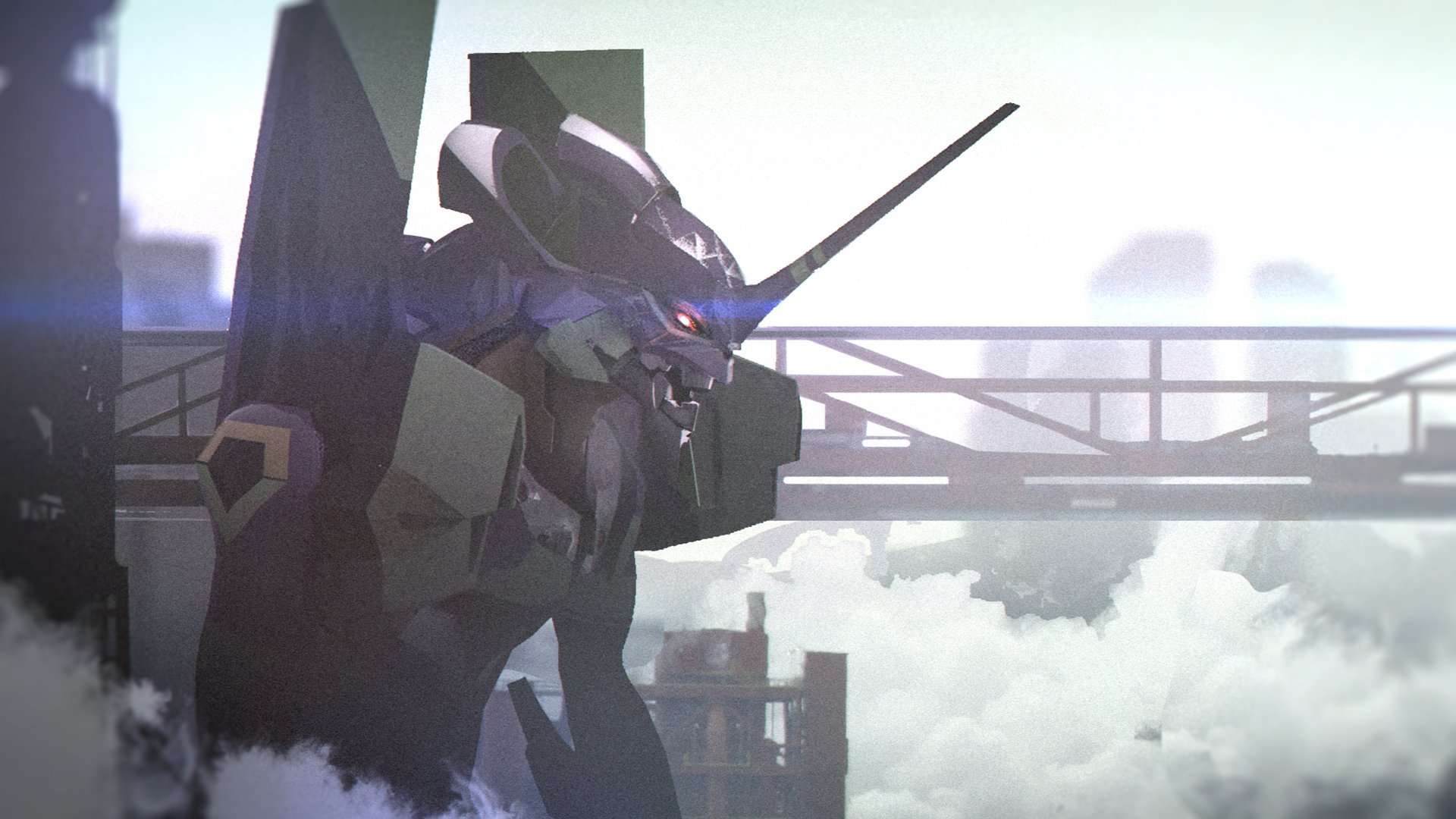 Evangelion Unit-01 stands amidst clouds with a futuristic city backdrop in this 4K Ultra HD Neon Genesis Evangelion anime PC desktop wallpaper.