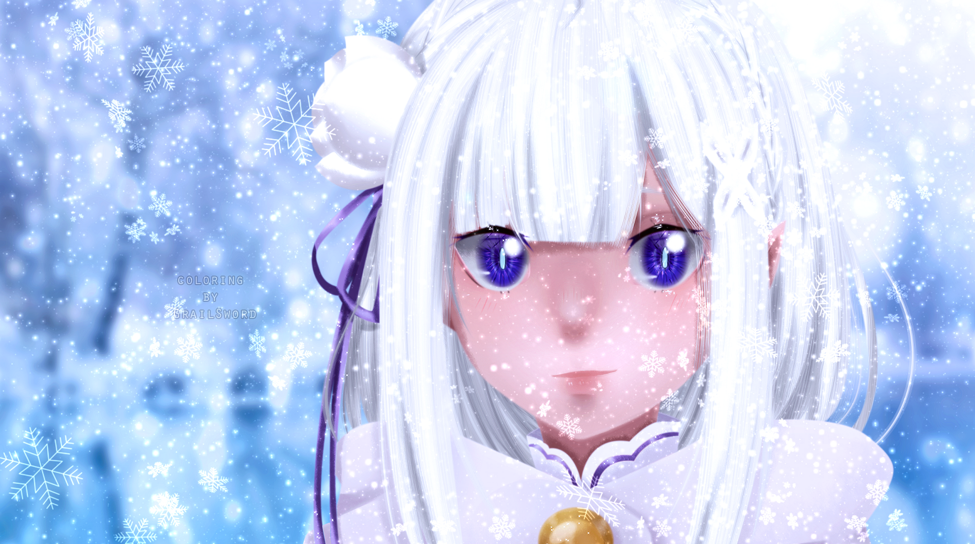 Emilia (Re:Zero) anime portrait — white-haired, violet-eyed in falling snow, soft blue winter background; HD PC desktop wallpaper.