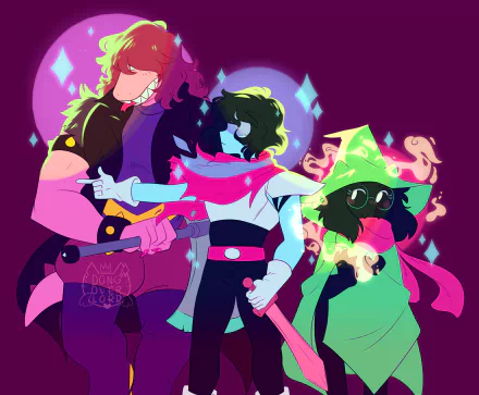 HD PC desktop wallpaper featuring Kris, Ralsei, and Susie from the video game Deltarune in vibrant, colorful artwork.