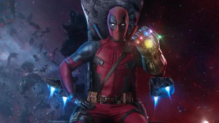 HD PC desktop wallpaper featuring Deadpool from the movie Deadpool 2, showcasing him seated with the Infinity Gauntlet in a cosmic background.