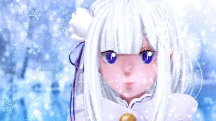 Emilia (Re:Zero) anime portrait — white-haired, violet-eyed in falling snow, soft blue winter background; HD PC desktop wallpaper.