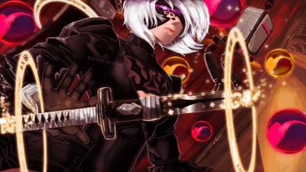 HD PC desktop wallpaper featuring YoRHa No.2 Type B from the video game NieR: Automata, showcasing the character with a katana and dynamic glowing effects.