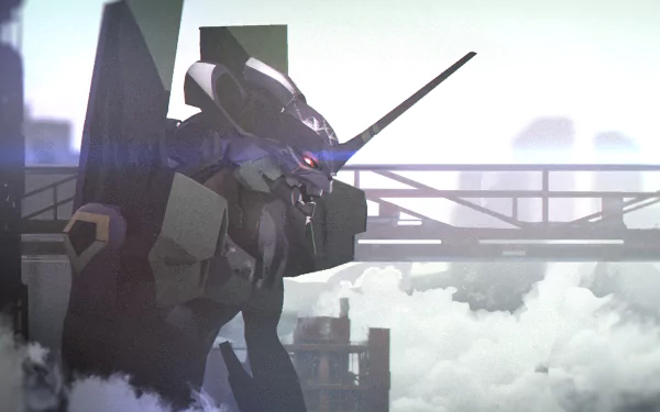 Evangelion Unit-01 stands amidst clouds with a futuristic city backdrop in this 4K Ultra HD Neon Genesis Evangelion anime PC desktop wallpaper.