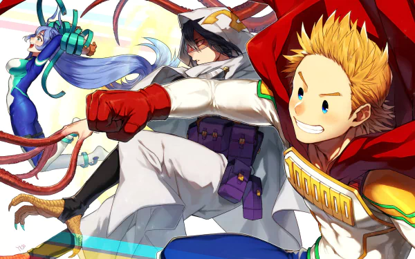 HD PC desktop wallpaper featuring Nejire Hado, Tamaki Amajiki, and Mirio Togata from the anime My Hero Academia in dynamic action poses.