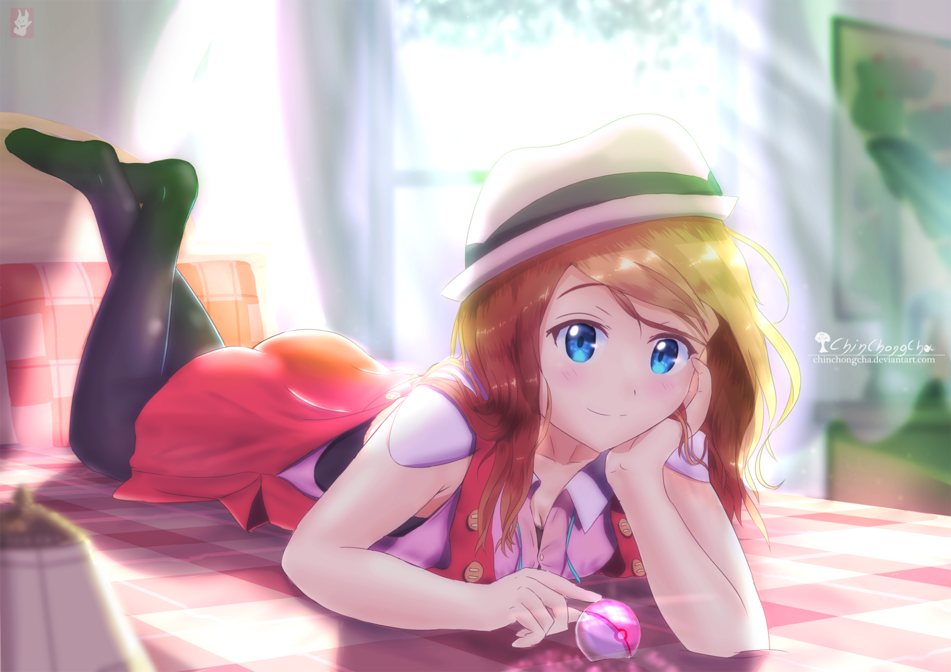 HD PC desktop wallpaper featuring Serena from Pokémon X and Y, depicted in vibrant colors with a relaxed pose and bright, soft lighting.