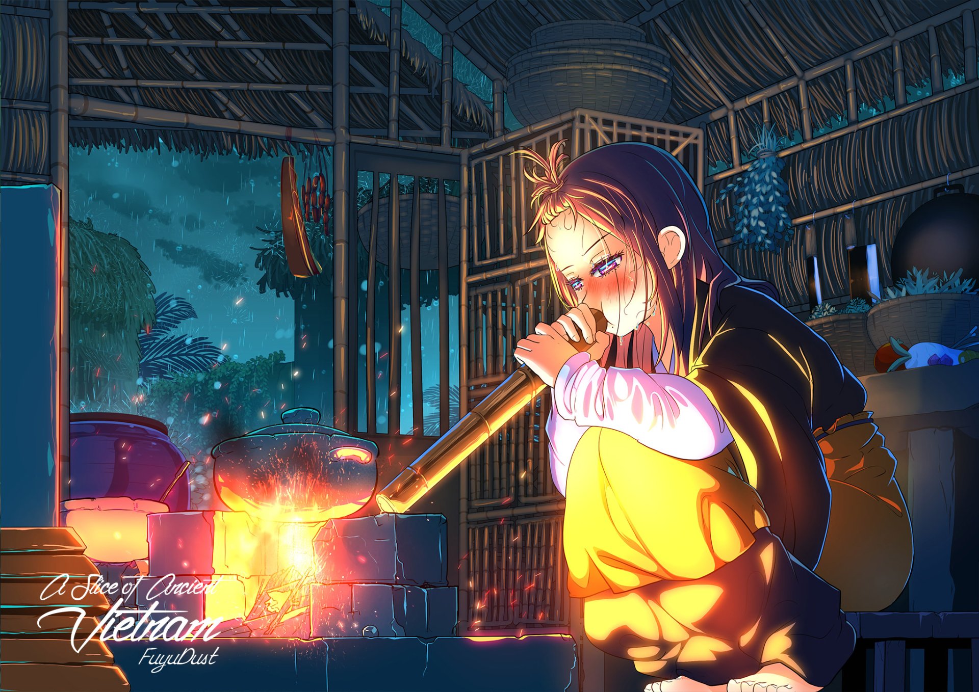 Anime-style HD desktop wallpaper depicting a girl playing a bamboo flute inside a rustic village house at night, with warm firelight and a starry sky visible outside.