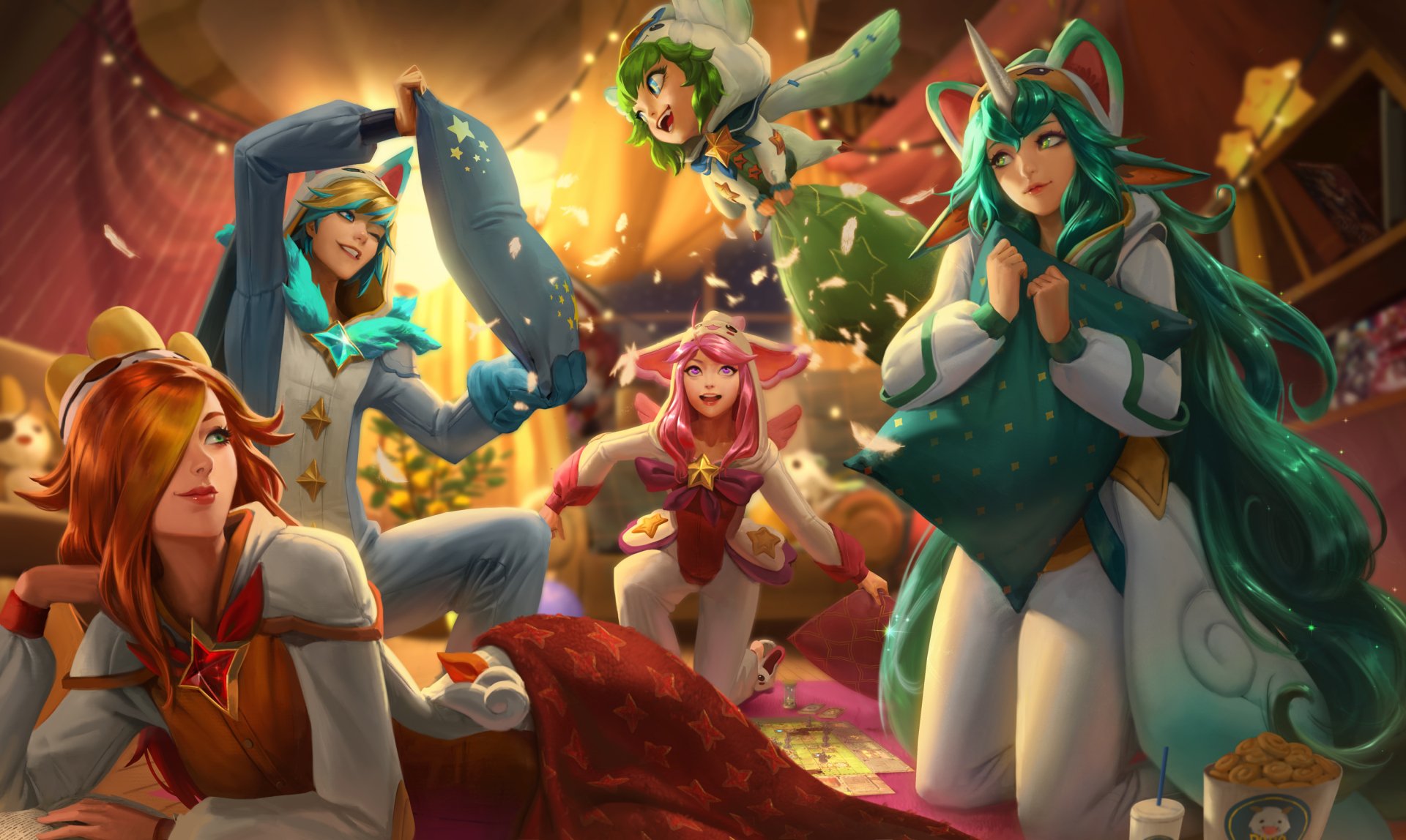 A vibrant HD wallpaper featuring champions Lulu, Soraka, Miss Fortune, Ezreal, and Ahri from League of Legends, captured in a playful, festive setting filled with pillows and sparkles.