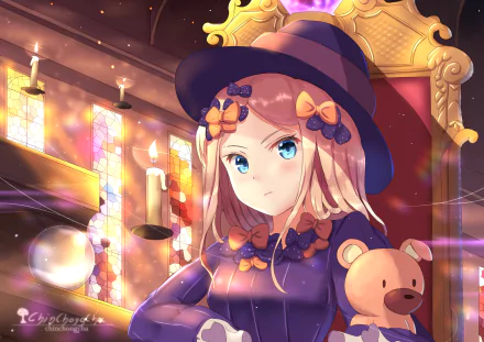 4K Ultra HD anime wallpaper featuring Abigail Williams from Fate/Grand Order, dressed in a purple outfit with a teddy bear, set against a warm, candlelit background.