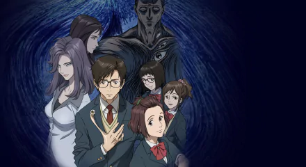 Anime HD PC desktop wallpaper and background: Parasyte -the maxim- cast clustered before a dark swirling vortex, featuring a bespectacled student and ominous parasitic figures.