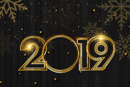 2019 New Year holiday design in glowing gold numbers with snowflakes on a dark background, crafted as a 4K Ultra HD PC desktop wallpaper and background.