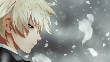Alois Trancy (Black Butler) anime HD desktop wallpaper — close profile of pale blond youth amid drifting white petals on a muted gray background.