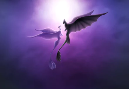 HD desktop wallpaper featuring a White Night Fury and Toothless from the movie How to Train Your Dragon: The Hidden World flying together against a mystical purple backdrop.