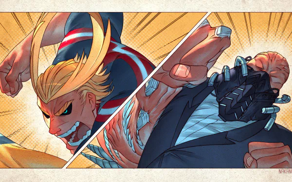 HD PC desktop wallpaper/background of My Hero Academia anime: All Might and All For One clash in dynamic split-panel artwork.
