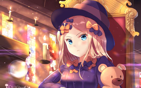 4K Ultra HD anime wallpaper featuring Abigail Williams from Fate/Grand Order, dressed in a purple outfit with a teddy bear, set against a warm, candlelit background.