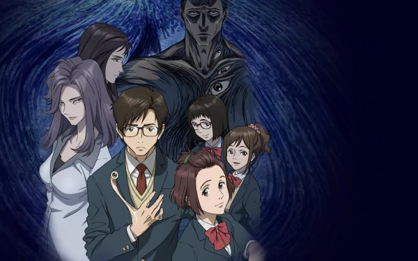 Anime HD PC desktop wallpaper and background: Parasyte -the maxim- cast clustered before a dark swirling vortex, featuring a bespectacled student and ominous parasitic figures.