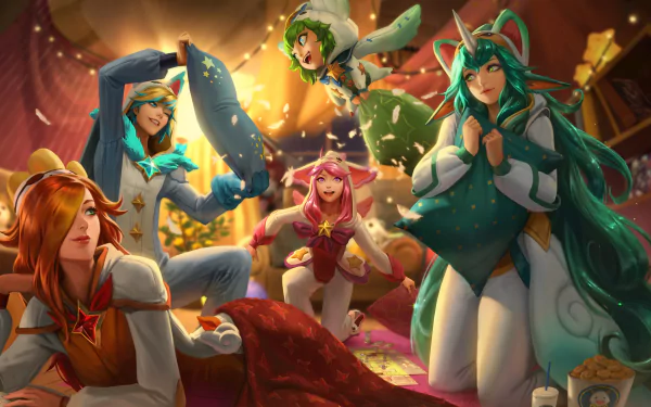 A vibrant HD wallpaper featuring champions Lulu, Soraka, Miss Fortune, Ezreal, and Ahri from League of Legends, captured in a playful, festive setting filled with pillows and sparkles.