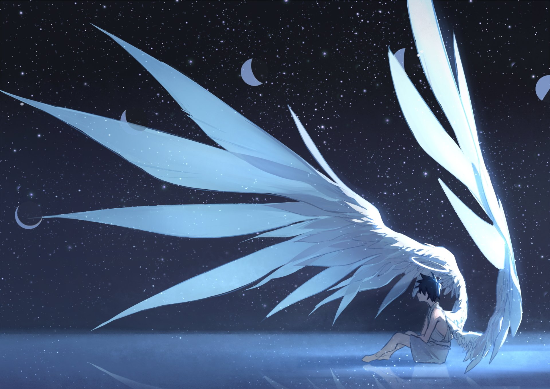 Download Black Hair Moon Star Short Hair Wings Anime Angel HD Wallpaper ...