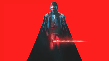 HD desktop wallpaper featuring Kylo Ren from Star Wars, wielding a red lightsaber against a striking red background. Sci-Fi themed imagery with Japanese text on his chest.