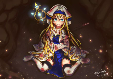 Anime Priestess from Goblin Slayer kneeling wounded in a dark cavern, clutching a glowing staff amid sparks and light — detailed 5K Ultra HD PC desktop wallpaper.