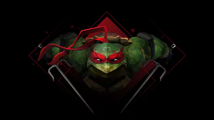 HD desktop wallpaper featuring Raphael from Teenage Mutant Ninja Turtles comics. Raphael is front and center, showcasing his signature red mask, wielding sai weapons, set against a dark geometric background design.
