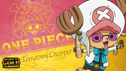 HD anime desktop wallpaper featuring Tony Tony Chopper from One Piece with vibrant red and yellow background and the One Piece logo.