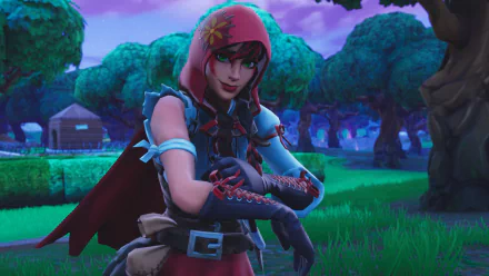 Fortnite video game HD PC desktop wallpaper and background — red-hooded character with crossed arms in a vibrant twilight forest and lush grassy landscape