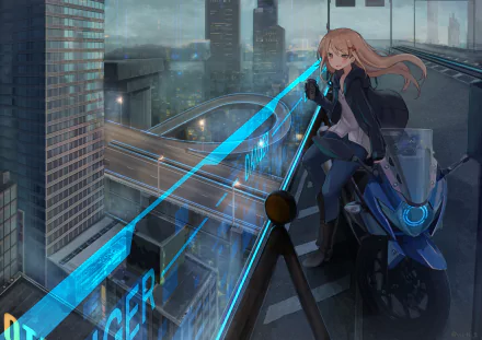 Anime wallpaper featuring a blonde character with long hair and yellow eyes, standing next to a blue motorcycle in a futuristic cityscape at night.