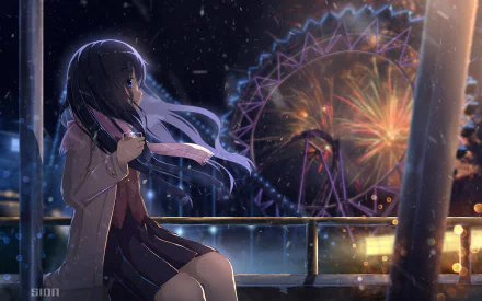 An anime character with long black hair and blue eyes, wearing a scarf, sits against a nighttime backdrop featuring a lit ferris wheel. The scene is a high-definition desktop wallpaper.