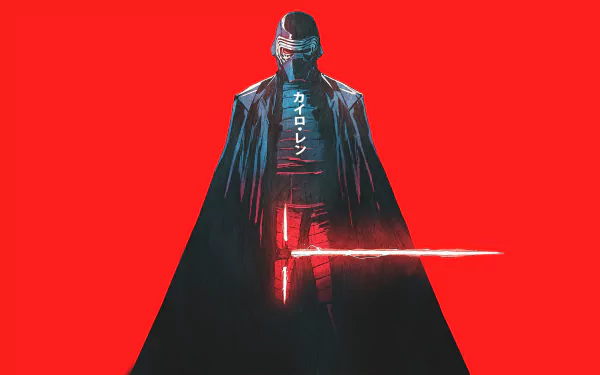 HD desktop wallpaper featuring Kylo Ren from Star Wars, wielding a red lightsaber against a striking red background. Sci-Fi themed imagery with Japanese text on his chest.