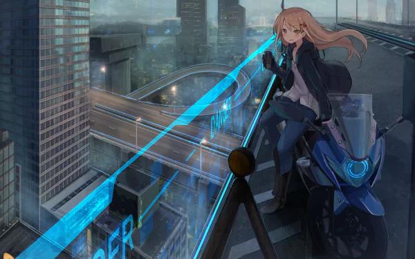 Anime wallpaper featuring a blonde character with long hair and yellow eyes, standing next to a blue motorcycle in a futuristic cityscape at night.
