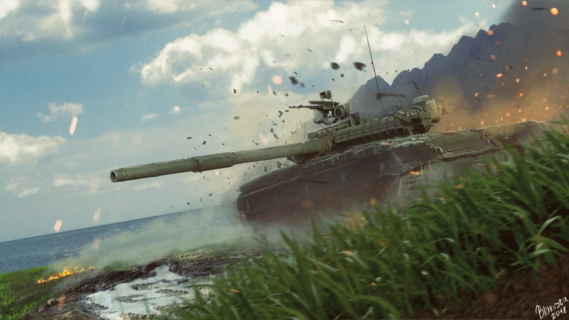 HD PC desktop wallpaper/background: T‑80 military tank racing through a muddy field, sparks and debris flying against mountains and a cloudy sky.