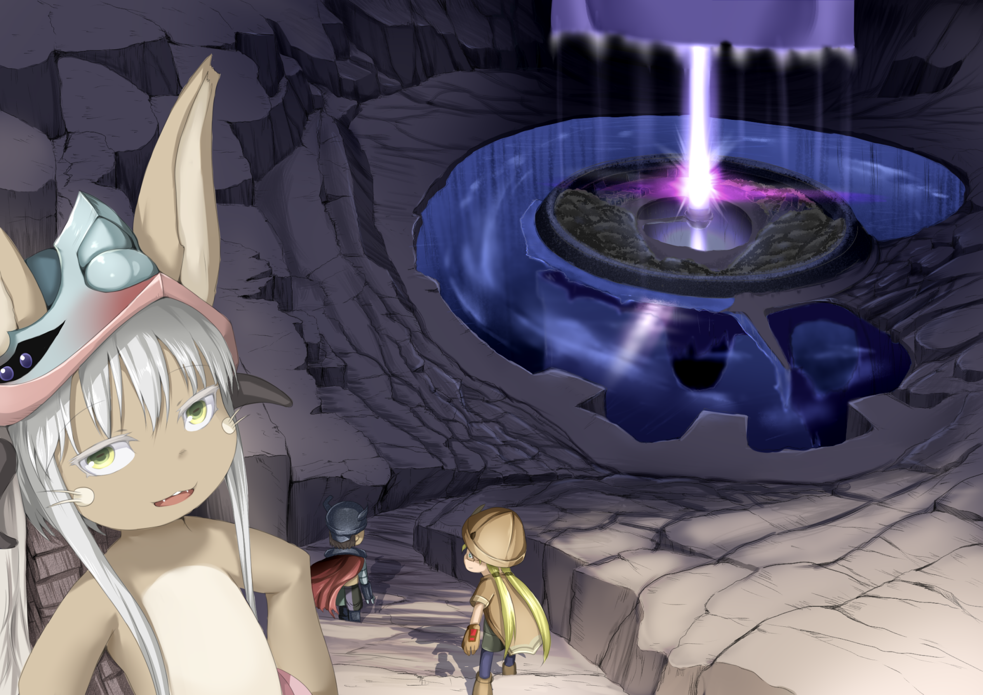 HD anime wallpaper featuring Nanachi, Riko, and Reg from Made in Abyss exploring a mysterious cavern with a glowing portal in the background.