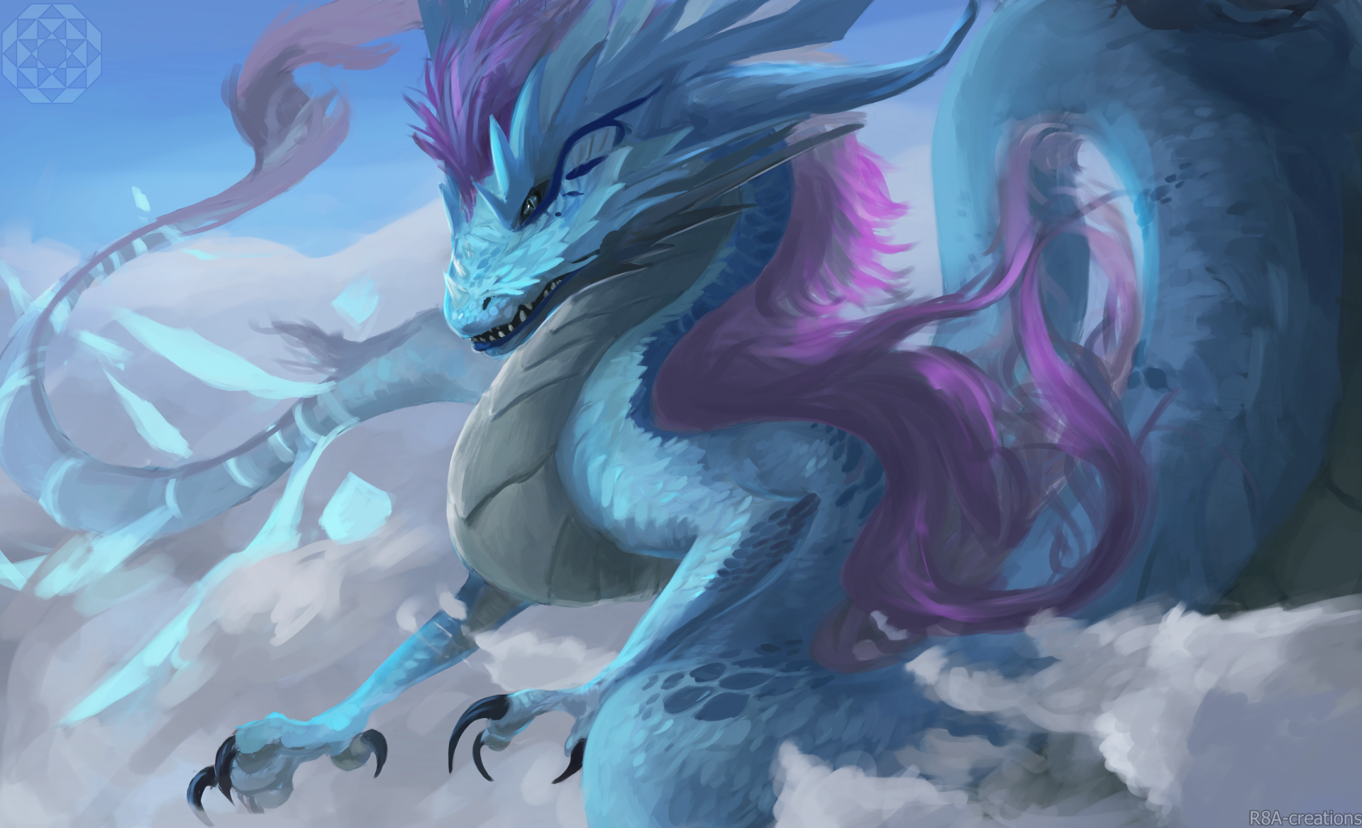 A majestic blue dragon with purple accents soars through clouds in a vibrant fantasy scene, rendered in stunning 4K Ultra HD for a PC desktop wallpaper.