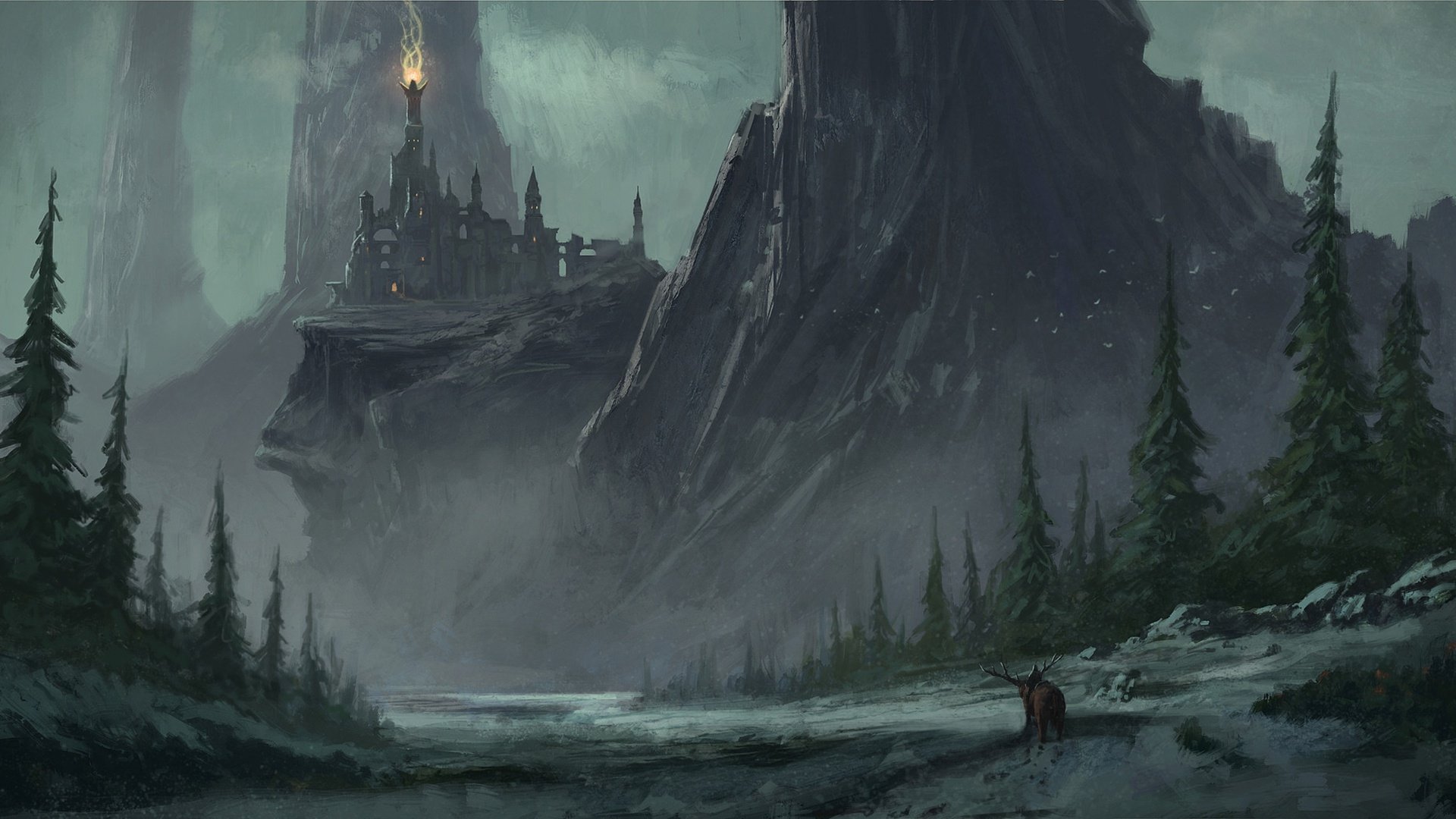 HD desktop wallpaper featuring a fantasy landscape with a deer in the foreground, towering mountains, and a mystical city perched on a cliff, surrounded by mist and tall pine trees.