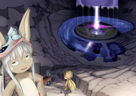 HD anime wallpaper featuring Nanachi, Riko, and Reg from Made in Abyss exploring a mysterious cavern with a glowing portal in the background.