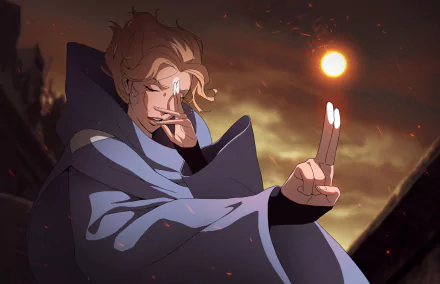 HD anime desktop wallpaper featuring Sypha Belnades from Castlevania, set against a dark, glowing sky with a mysterious and intense atmosphere.