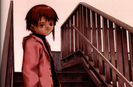 Lain Iwakura on a dim stairwell, red-toned HD PC desktop wallpaper background; anime girl in a pink coat with a quiet, pensive expression.