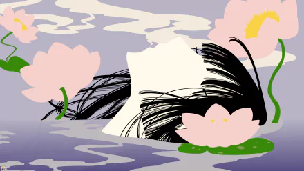 Yuuko Ichihara from xxxHOLiC floats among pink lotus flowers on stylized purple water — 4K Ultra HD anime PC desktop wallpaper.