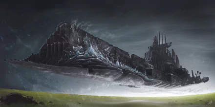 HD sci-fi desktop wallpaper featuring a massive, dark spaceship with intricate structures hovering above a misty landscape under a cloudy sky.