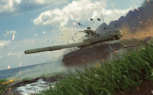 HD PC desktop wallpaper/background: T‑80 military tank racing through a muddy field, sparks and debris flying against mountains and a cloudy sky.